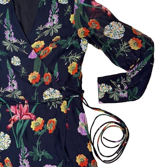 Zara Woman SMALL Black Lined Botanical/Floral Wrap Dress w Sheer Sleeves - Picture 5 of 7
